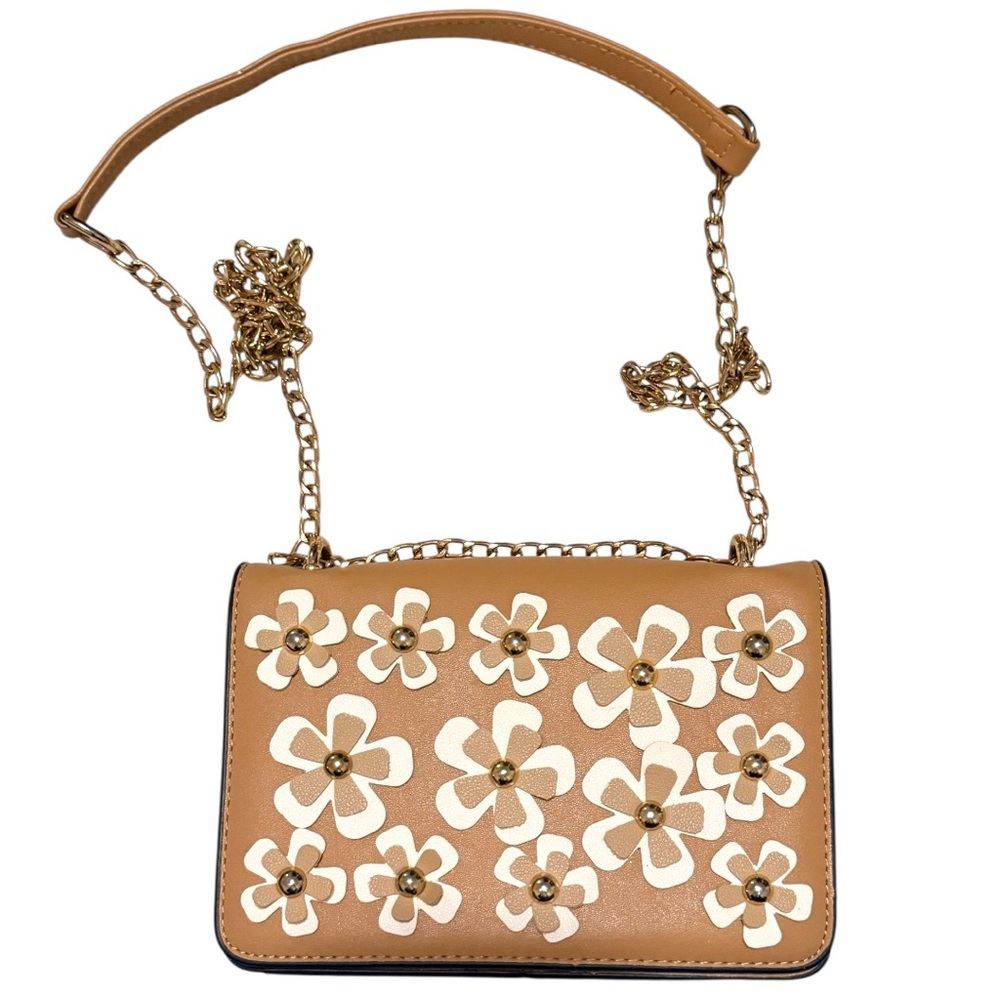 Daisy Floral Tan Fold Over 2-WAY Crossbody Shoulder Bag Vegan Leather